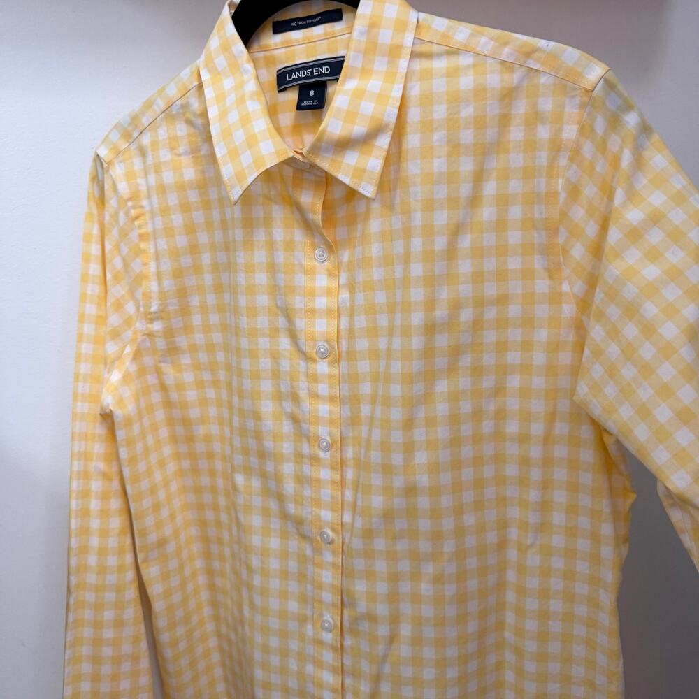 Lands' End Yellow Gingham No Iron Supima Cotton Button Down Shirt 8 Preppy